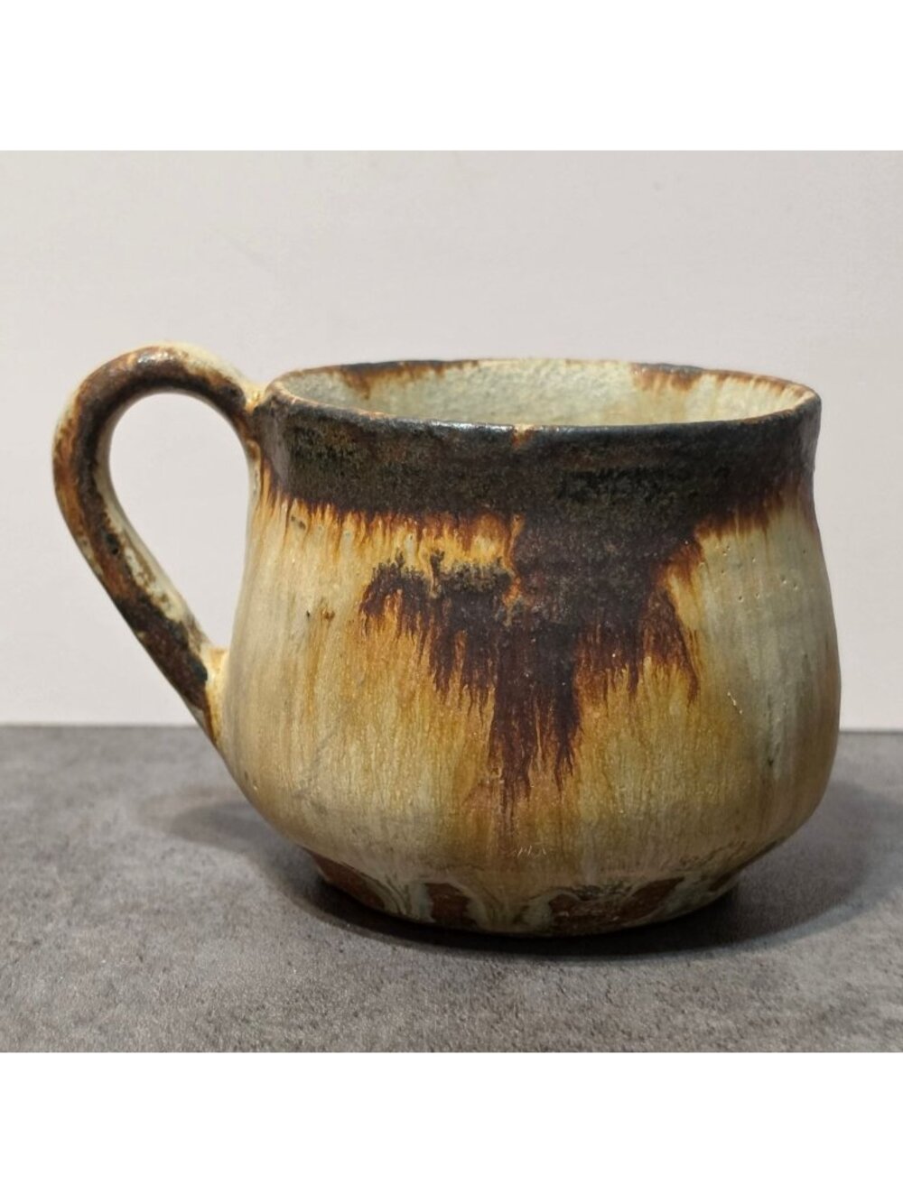 Vintage 1964 Studio Pottery Mug Signed BAINE Mid Century Modern Lava Glaze 3"